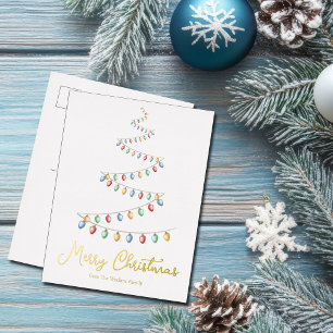 Merry Christmas Tree Watercolor Ornaments Gold Foil Holiday Postcard