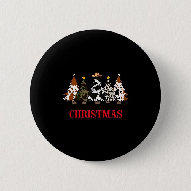 Merry Christmas Tree Western Cowhide Xmas Cowboy F 2 Inch Round Button (Front)