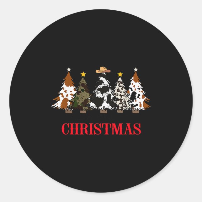 Merry Christmas Tree Western Cowhide Xmas Cowboy F Classic Round Sticker (Front)