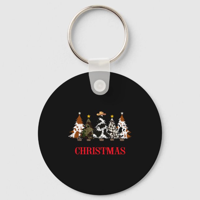 Merry Christmas Tree Western Cowhide Xmas Cowboy F Keychain (Front)