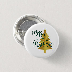 Merry Christmas Tree White Gold and Green Script 1 Inch Round Button