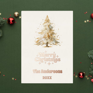 Merry Christmas tree white snow rose gold Foil Holiday Card