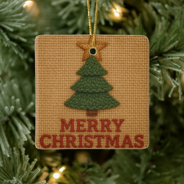 Merry Christmas tree with a knitted feel Ceramic Ornament (Tree)