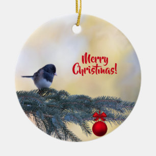 Merry Christmas Tree with a Snowbird on a Ceramic Ornament