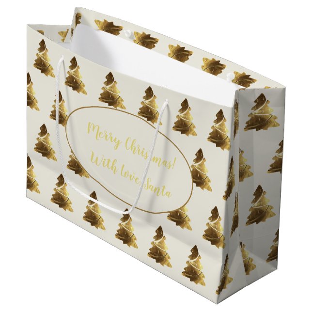 Merry Christmas Tree with Candles Elegant Gold Large Gift Bag (Front Angled)