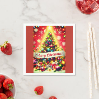 "Merry Christmas Tree with Colourful Ornaments Napkin