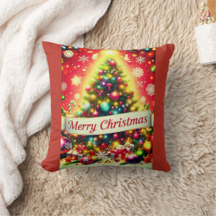 "Merry Christmas Tree with Colourful Ornaments Throw Pillow