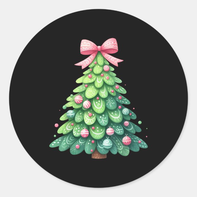 Merry Christmas Tree With Coquette Bow Xmas Holida Classic Round Sticker (Front)