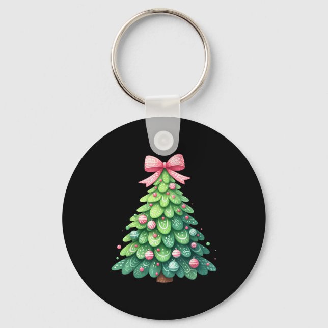 Merry Christmas Tree With Coquette Bow Xmas Holida Keychain (Front)