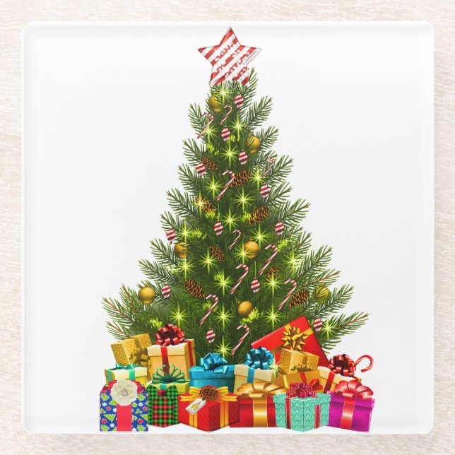 Merry Christmas Tree with Star Presents Holiday Glass Coaster (Front)