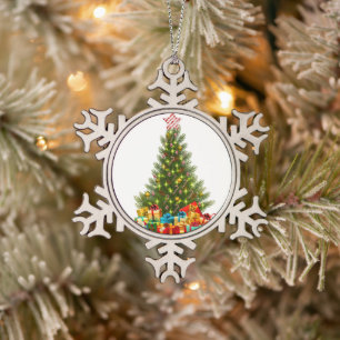 Merry Christmas Tree with Star Presents Holiday Snowflake Pewter Christmas Ornament
