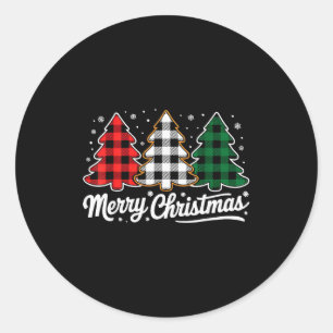 Merry Christmas Tree Xmas Buffalo Plaid Red White  Classic Round Sticker