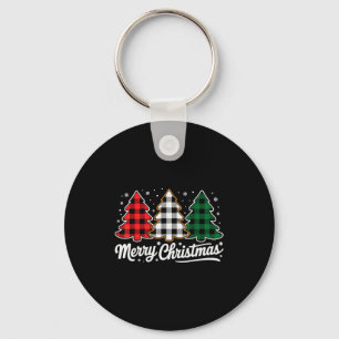 Merry Christmas Tree Xmas Buffalo Plaid Red White  Keychain