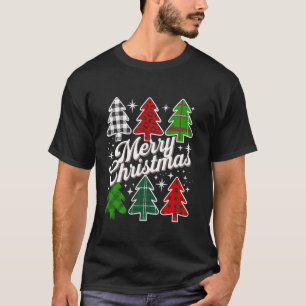 Merry Christmas Tree Xmas Buffalo Plaid Red White T-Shirt