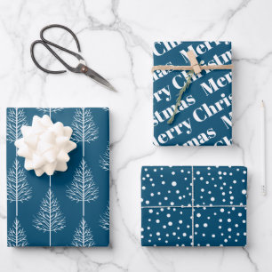 Merry Christmas, trees and polka dots holiday blue Wrapping Paper Sheet