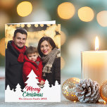 Merry Christmas Trees Border Family Photo Folded Holiday Card<br><div class="desc">This chic,  modern family photo folded Christmas card features your vertical holiday photograph framed by a bottom border of white Christmas trees silhouette. Personalize with red and green script for a beautiful minimalist photograph Christmas card with a 2nd photograph on the inside and your message.</div>