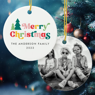 Merry Christmas trees colorful retro font Ceramic Ornament