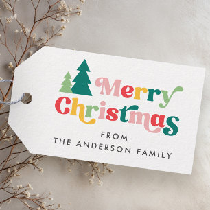 Merry Christmas trees colourful retro font Gift Tags