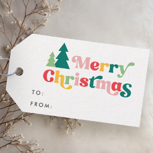 Merry Christmas trees colourful retro font to from Gift Tags