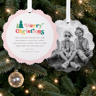 Merry Christmas trees colourful retro photo Ornament Card