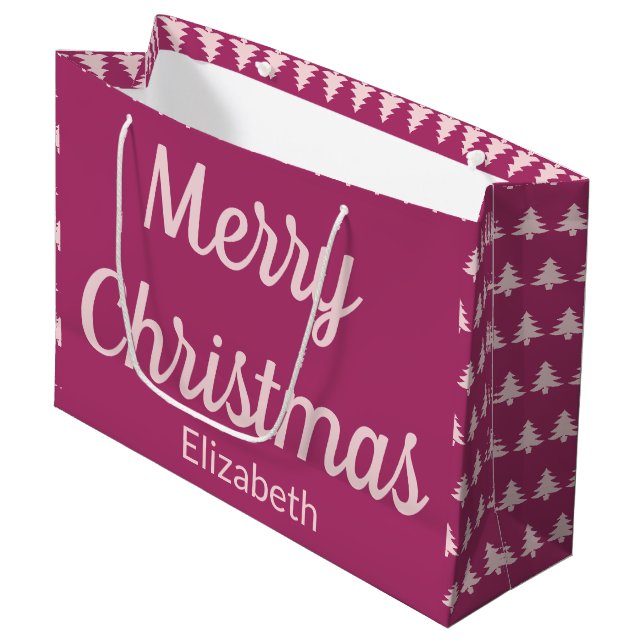 Merry Christmas Trees Deep Pink and Pale Pink Name Large Gift Bag (Front Angled)
