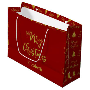 Merry Christmas Trees Deep Red and Gold Name Text Large Gift Bag