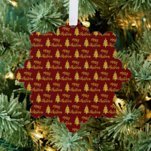 Merry Christmas Trees Deep Red and Gold Script  Ornament Card