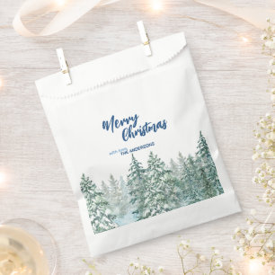 Merry Christmas trees forest Watercolor script Favour Bag