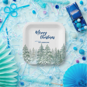 Merry Christmas trees forest Watercolor script Paper Plate