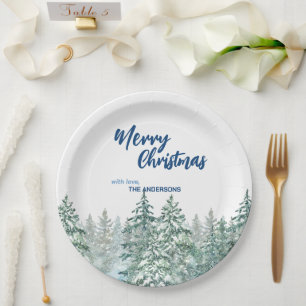 Merry Christmas trees forest Watercolor script Paper Plate