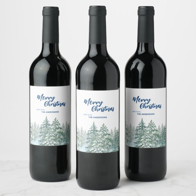 Merry Christmas trees forest Watercolor script Wine Label (Bottles)