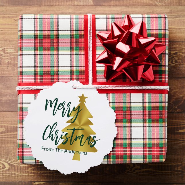 Merry Christmas Trees Green Gold Script From Name Ornament Card (Insitu (Gift))