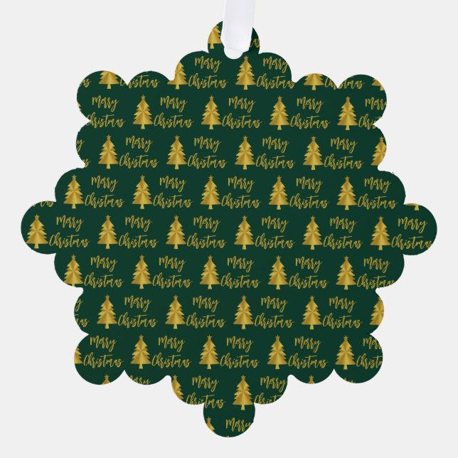 Merry Christmas Trees Green Gold Script From Name Ornament Card (Front)