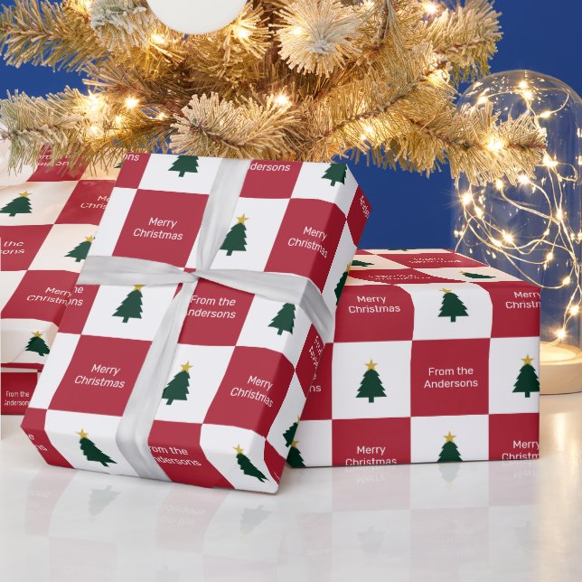 Merry Christmas Trees Green Red White From Name Wrapping Paper (Holidays)