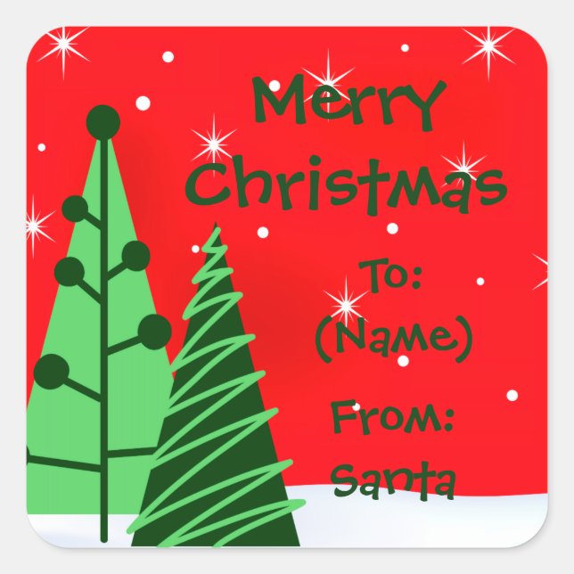 Merry Christmas Trees Holiday Gift Tag Stickers (Front)