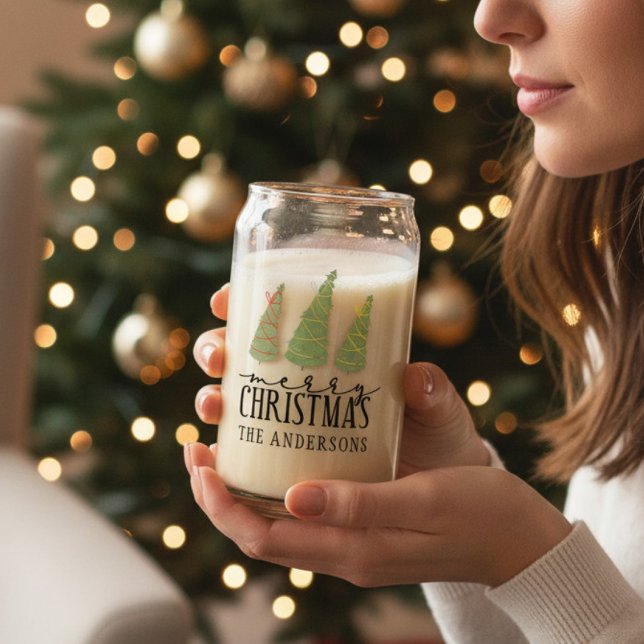 Merry Christmas Trees Modern Script Holidays Can Glass (Creator Uploaded)