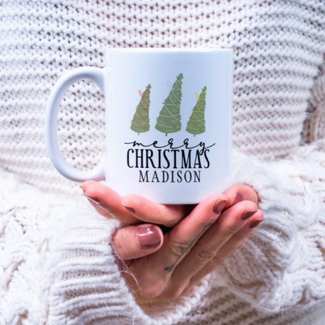 Merry Christmas Trees Modern Script Holidays Coffee Mug (Creator Uploaded)