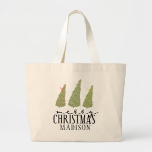 Merry Christmas Trees Modern Script Holidays Large Tote Bag