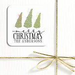 Merry Christmas Trees Modern Script Holidays Square Sticker<br><div class="desc">Merry Christmas Trees Modern Script Holidays Stickers features festive Christmas trees with the text "Merry Christmas (name)" in modern script. Personalize by editing the text in the text box provided. Designed by ©Evco Studio www.zazzle.com/store/evcostudio</div>