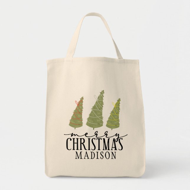 Merry Christmas Trees Modern Script Holidays Tote Bag (Front)