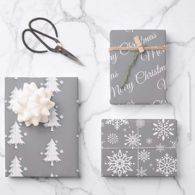 Merry Christmas, Trees, Snowflakes Grey holiday Wrapping Paper Sheet (Front)