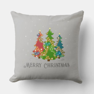 Merry Christmas Trees Snowflakes Modern Grey Throw Pillow