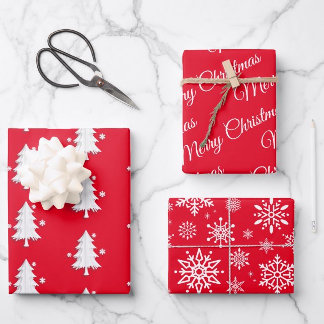 Merry Christmas, Trees, Snowflakes Red holiday Wrapping Paper Sheet (Front)