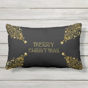 Merry Christmas Trees Stars Black Gold Shiny Chic Lumbar Pillow