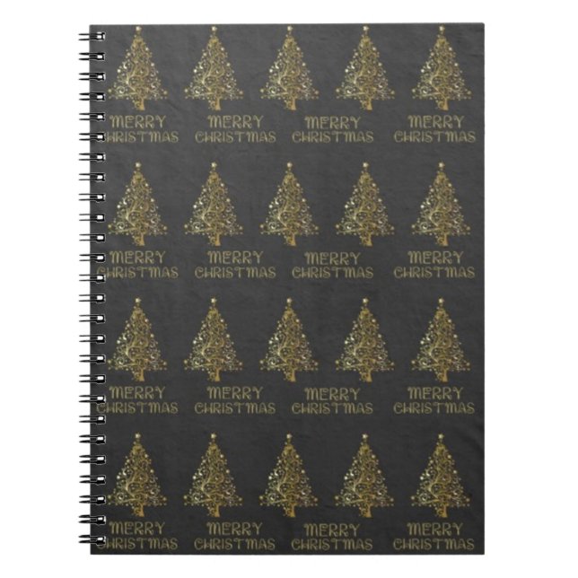 Merry Christmas Trees Stars Black Gold Shiny Chic Notebook (Front)
