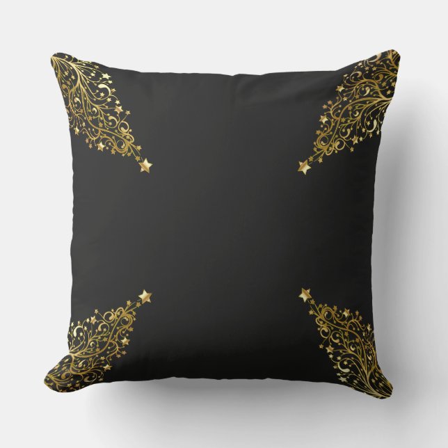 Merry Christmas Trees Stars Black Gold Shiny Chic Outdoor Pillow (Front)