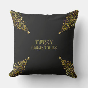 Merry Christmas Trees Stars Black Gold Shiny Chic Outdoor Pillow