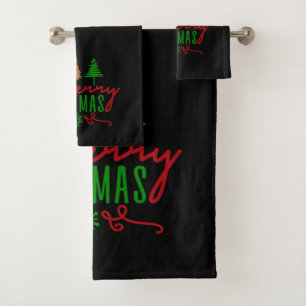 Merry Christmas Trees Text On Black Bath Towel Set