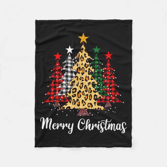 Merry Christmas Trees With Buffalo Plaid &amp; Leo Fleece Blanket (Front)
