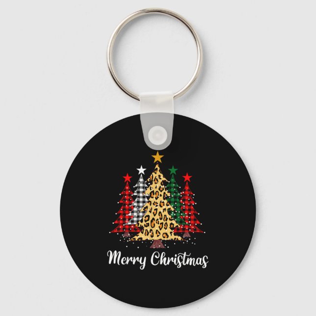 Merry Christmas Trees With Buffalo Plaid &amp; Leo Keychain (Front)